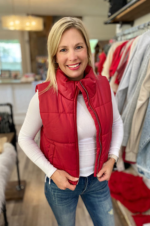 Scarlet Faux Leather Red Puff Vest