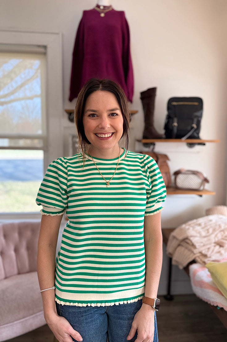 Ensley Green & Ivory Stripe Puff Sleeve Top