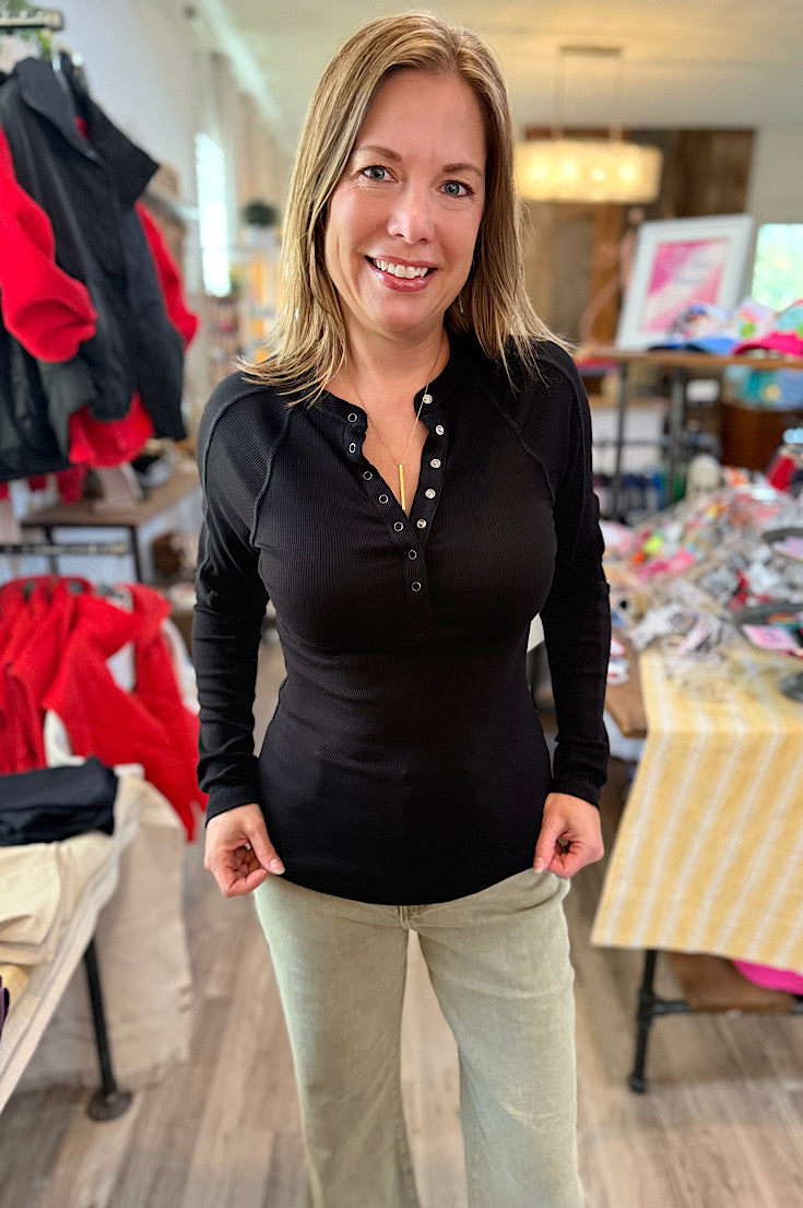 Karri Black Snap Button Ribbed Henley