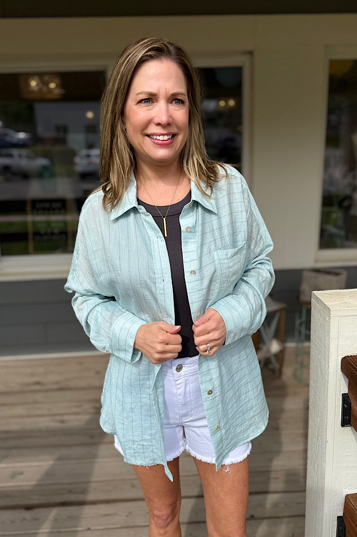 Karter Mint Linen Look Stripe Button Down