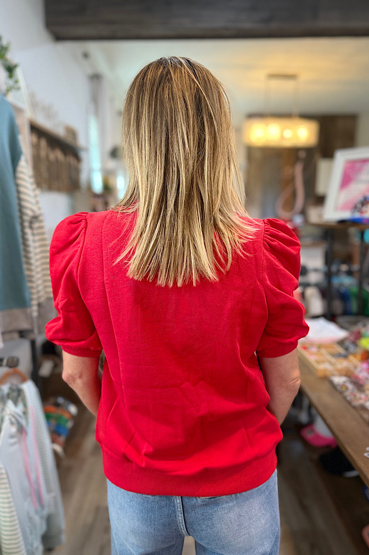 Allie Red Short Puff Sleeve Sweatshirt