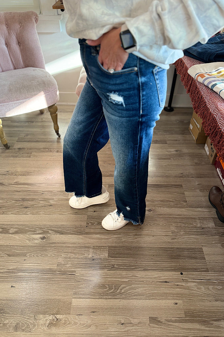 Zane Raw Hem Dark Wash Straight Leg Crop Denim