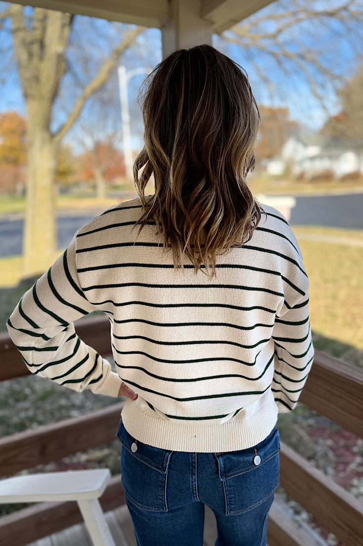 Beaux Cream and Green Stripe Pocket Sweater