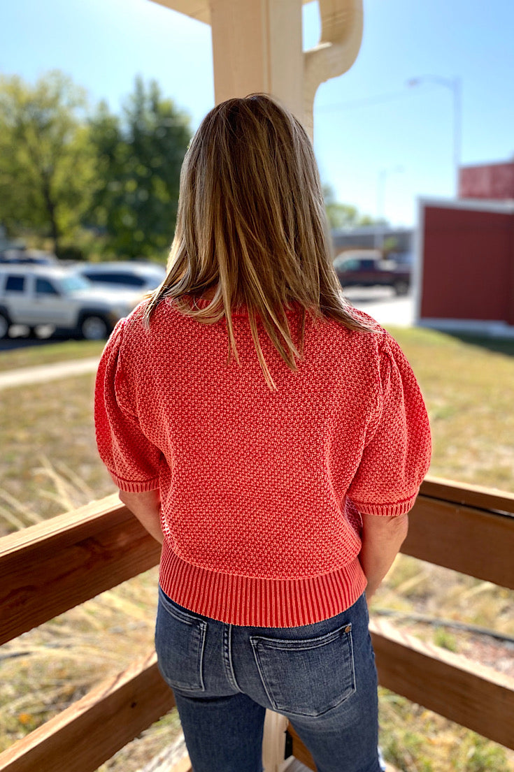 Claire Washed Red Puff Short Sleeve Sweater With Front Pocket