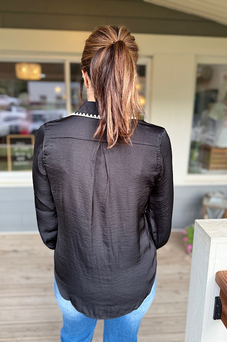 Merritt Blanket Stitch Black Silky Button Up Top