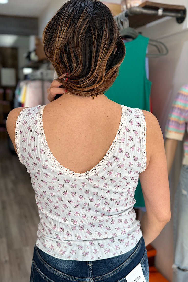 Brittany Lace Trimmed Floral Ribbed Tank