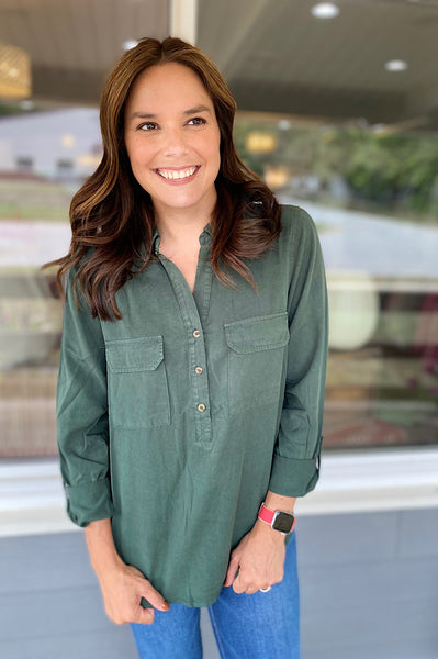Lyric Half Button Up Forest Green Tunic
