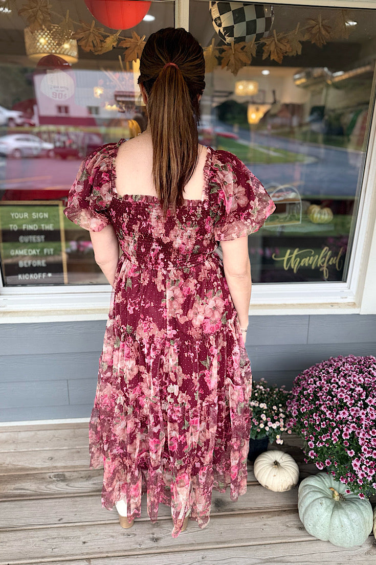 Anistyn Floral Puff Sleeve Midi Dress