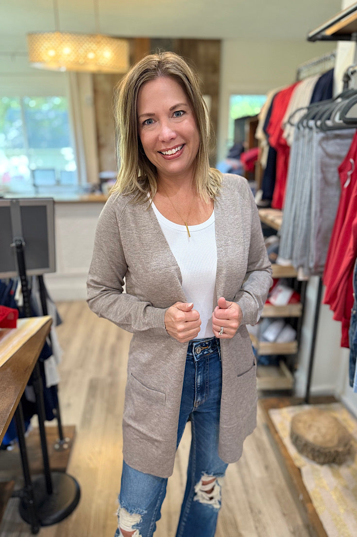 Mary Raglan Taupe Long Sleeve Open Front Cardigan