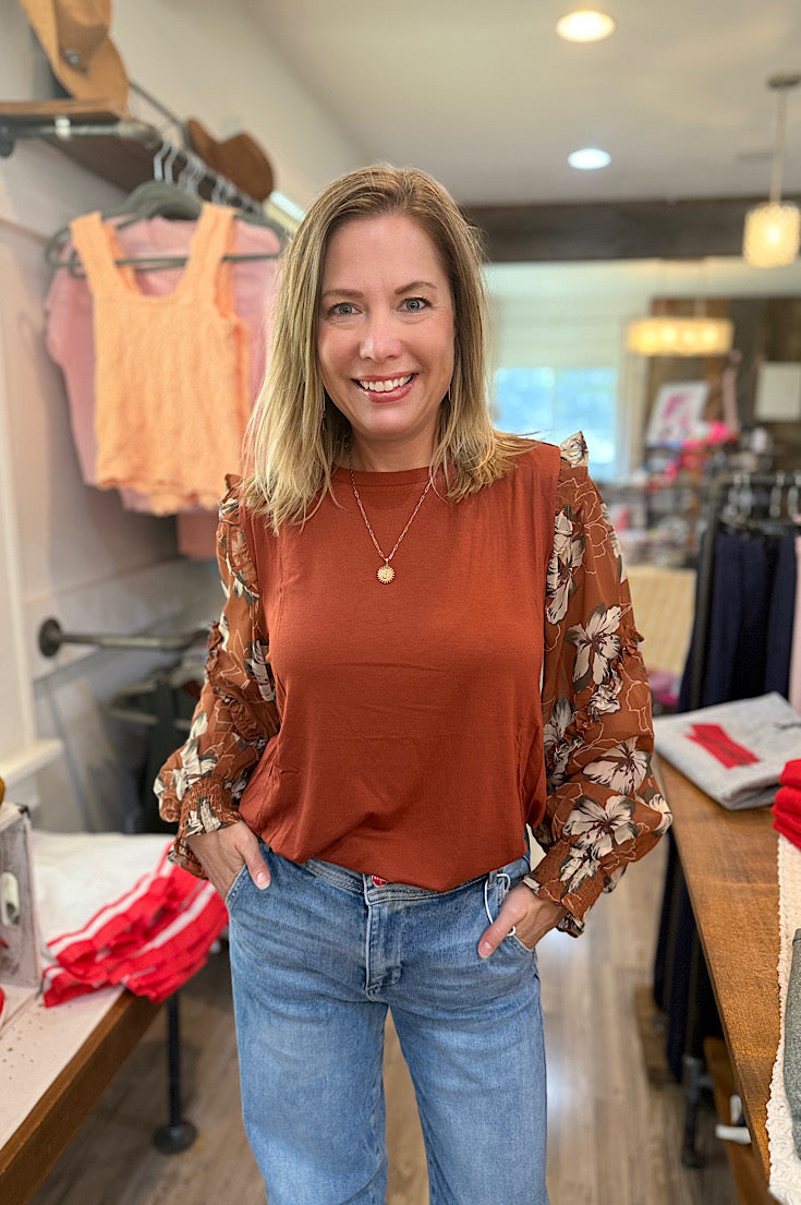 Kellyn Rust Floral Sleeve Blouse