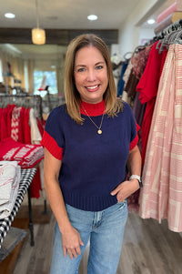Kaia Navy & Red Contrast Short Sleeve Sweater