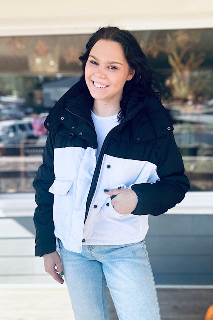 Carissa Black And White Color Block Puffer Jacket