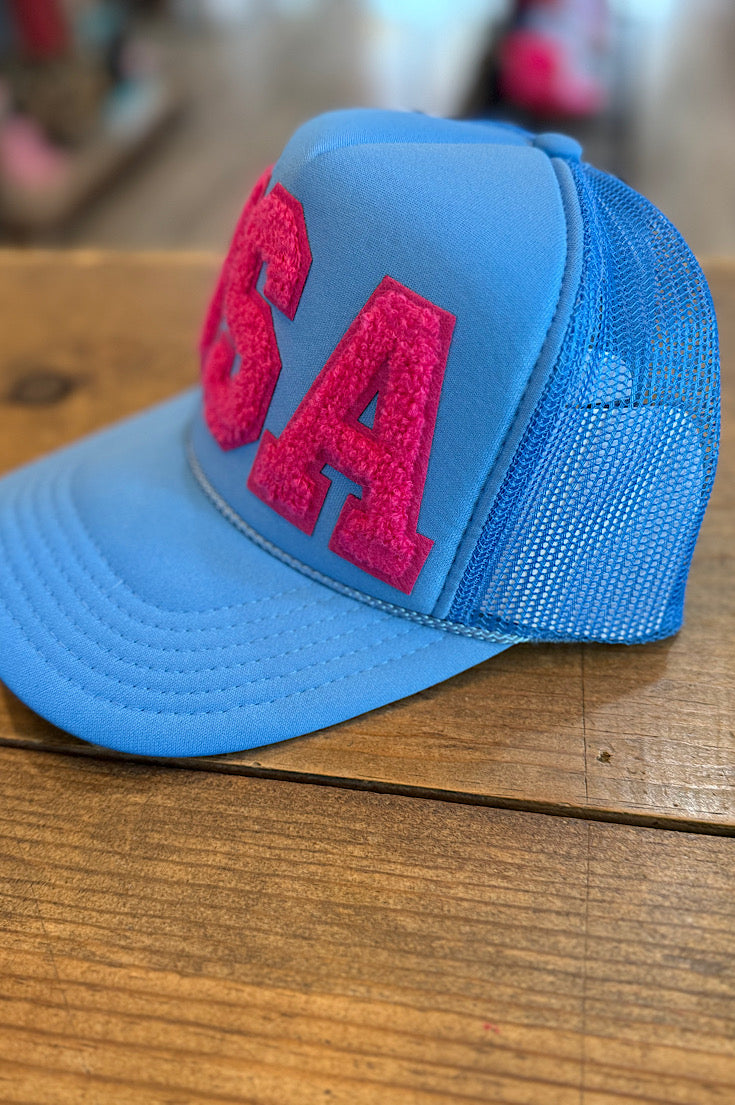 Pink on Light Blue USA Trucker Hat
