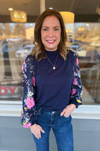 Simone Floral Sleeve Navy Blouse