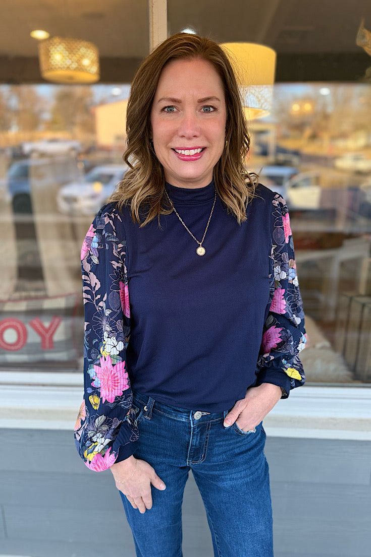 Simone Floral Sleeve Navy Blouse