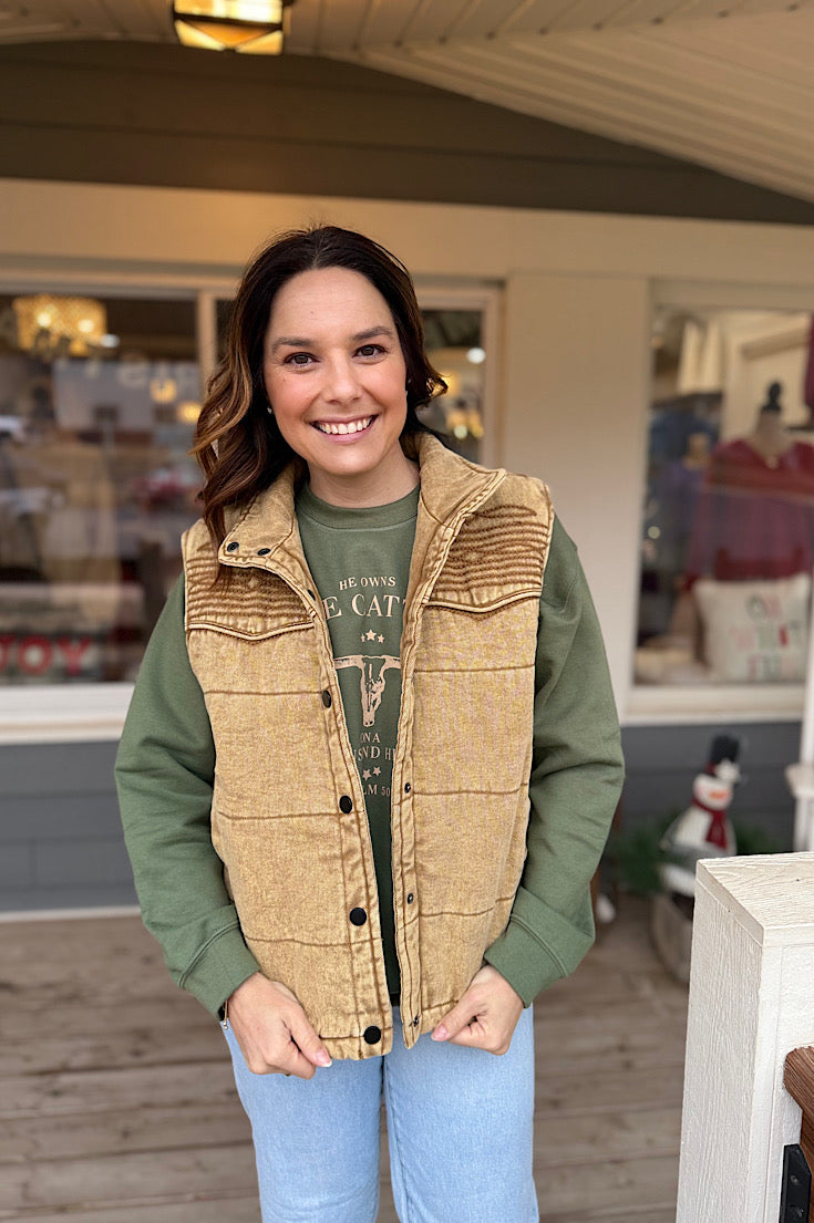 Walker Quilted Washed Vest with Embroidery