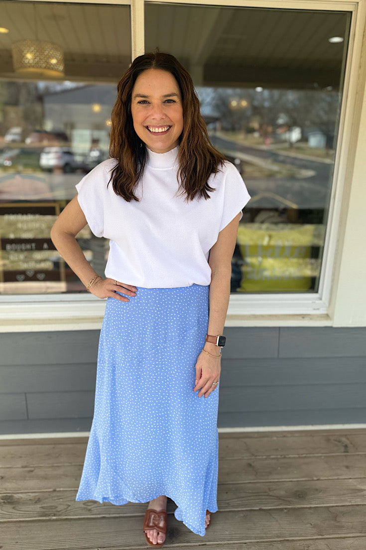 Flynn Dusty Blue & Ivory Dot Maxi Skirt