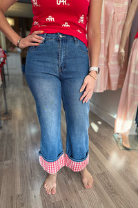 Kennedi High Rise Straight Leg Red Gingham Cuff Crop Denim