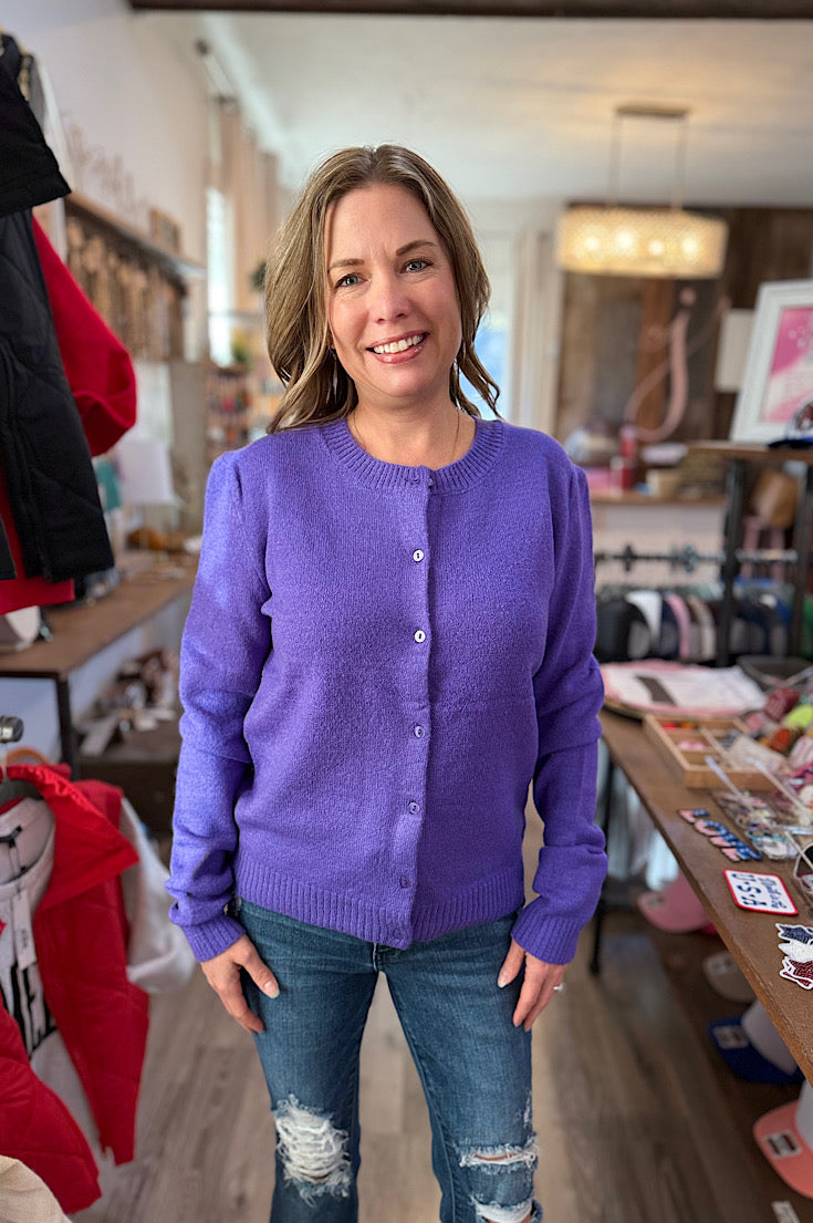 Anne Purple Button Up Sweater Cardigan
