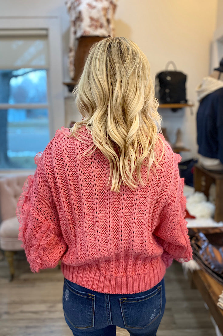 Dixie Pink Knit Sweater With Lace Ruffles