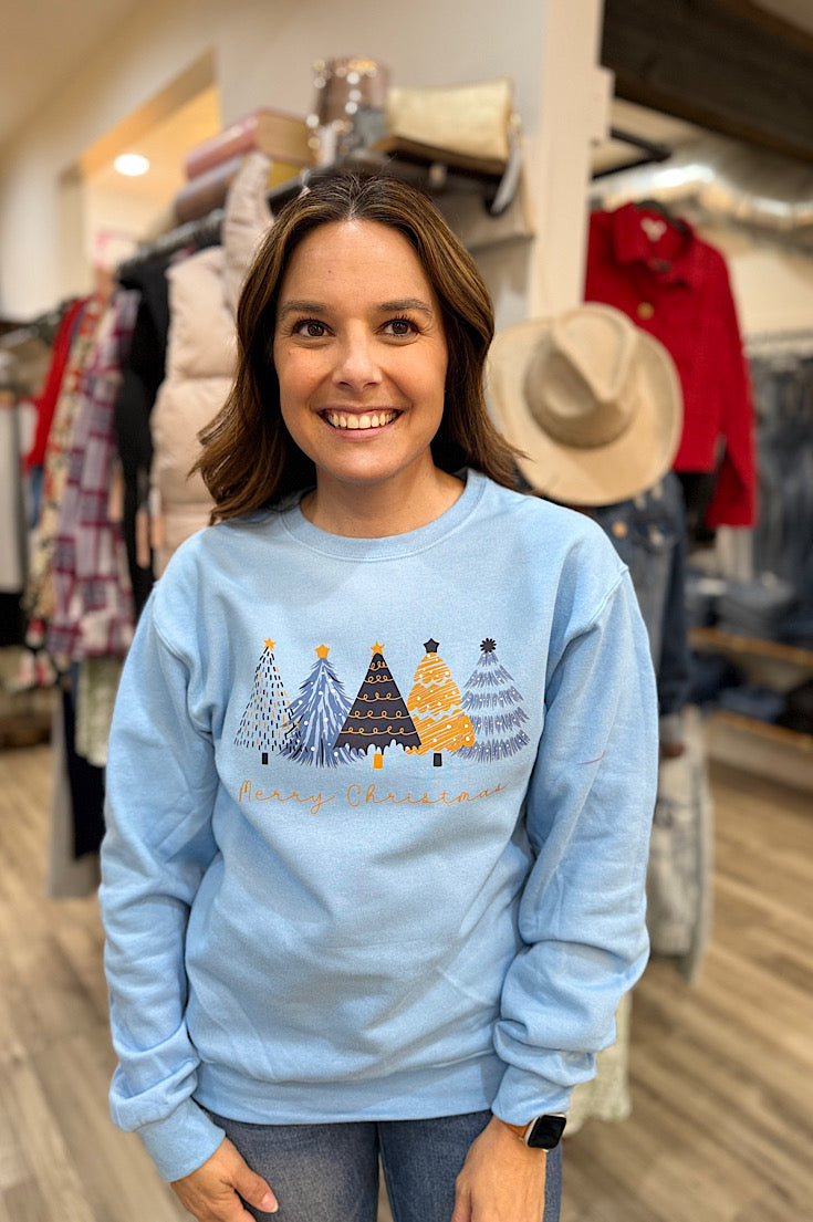 Merry Christmas Trees on Light Blue Sweatshirt