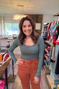 Oliver Pine Green Scoop Neck Ribbed Long Sleeve Tee