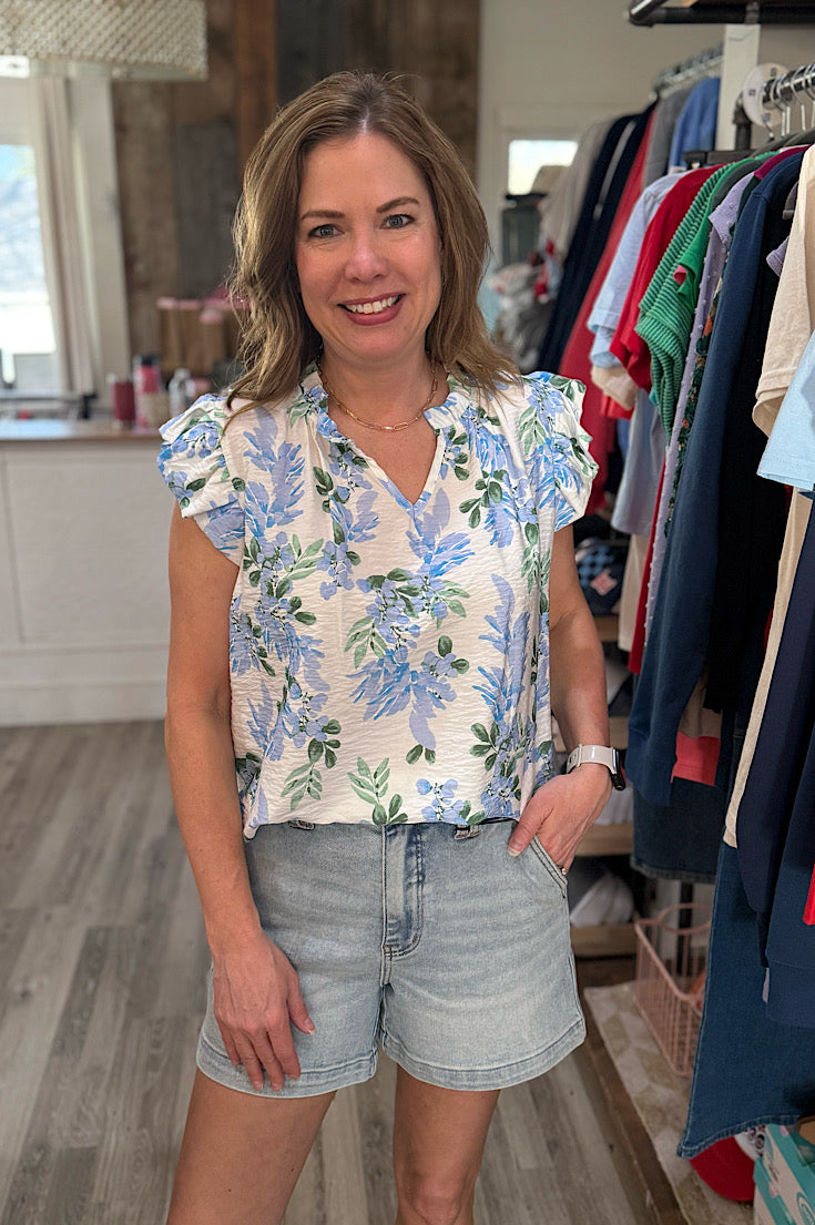 Levi Blue Floral Ruffle Top