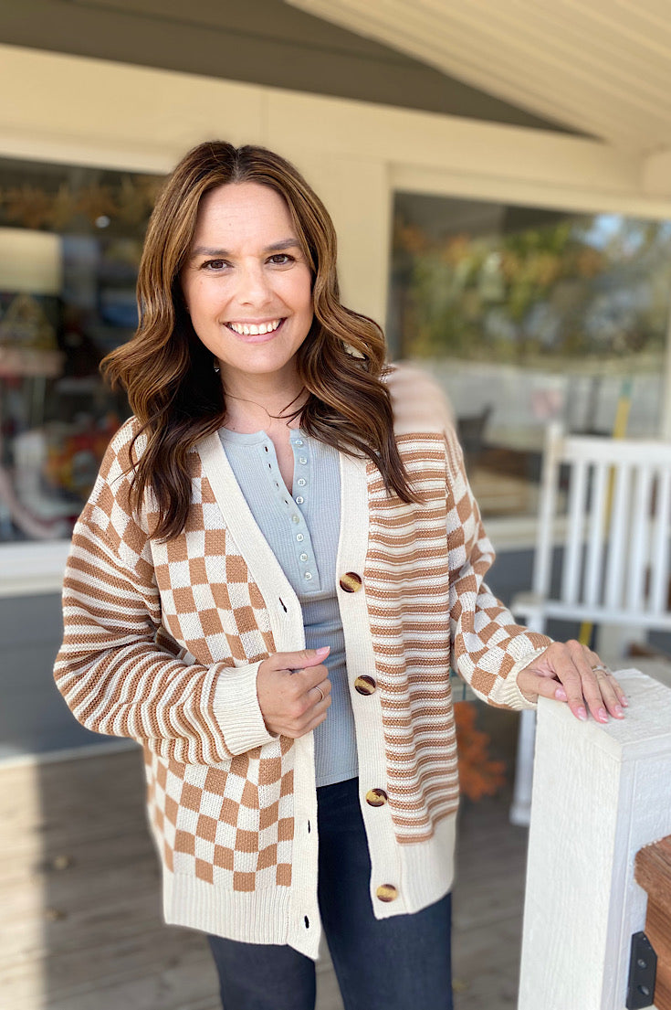 Jay V-Neck Taupe Check and Stripe Cardigan