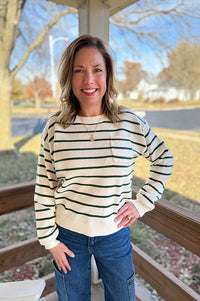Beaux Cream and Green Stripe Pocket Sweater