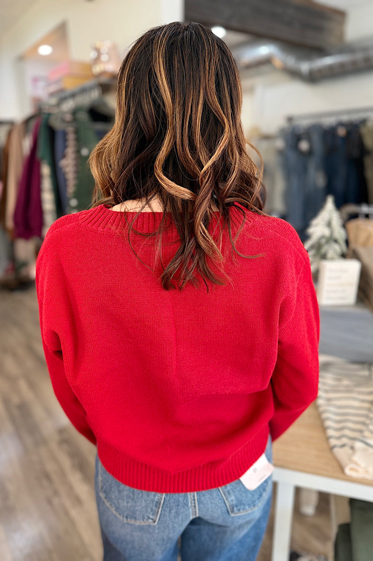 Jolie Solid Red V-neck Sweater
