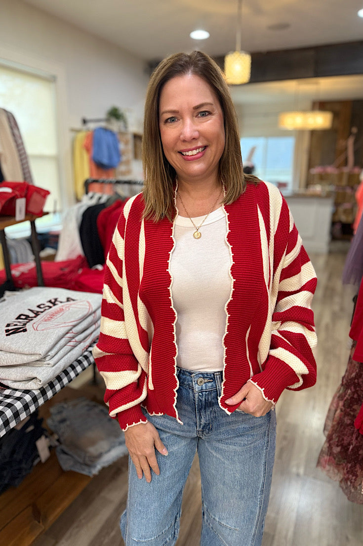 Skyler Textured Red & Ivory Stripe Cardigan