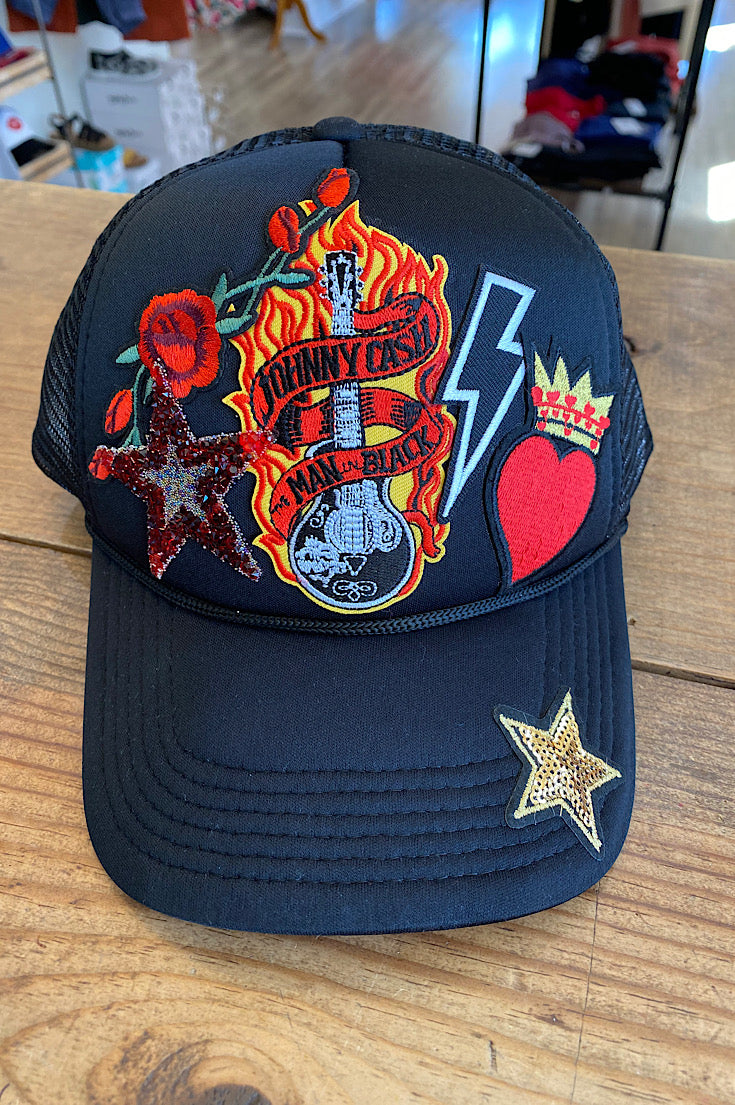 Cash Themed Patch Trucker Hat-Black