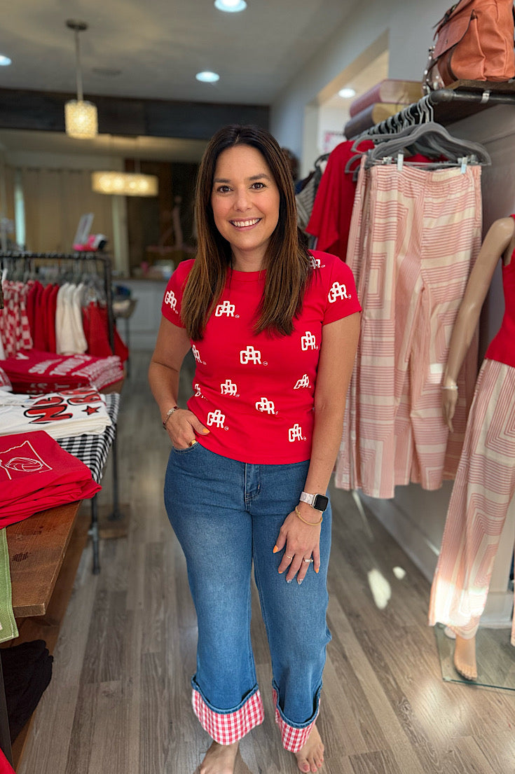 Kennedi High Rise Straight Leg Red Gingham Cuff Crop Denim