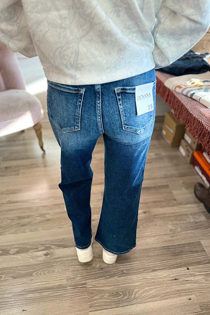 Zane Raw Hem Dark Wash Straight Leg Crop Denim