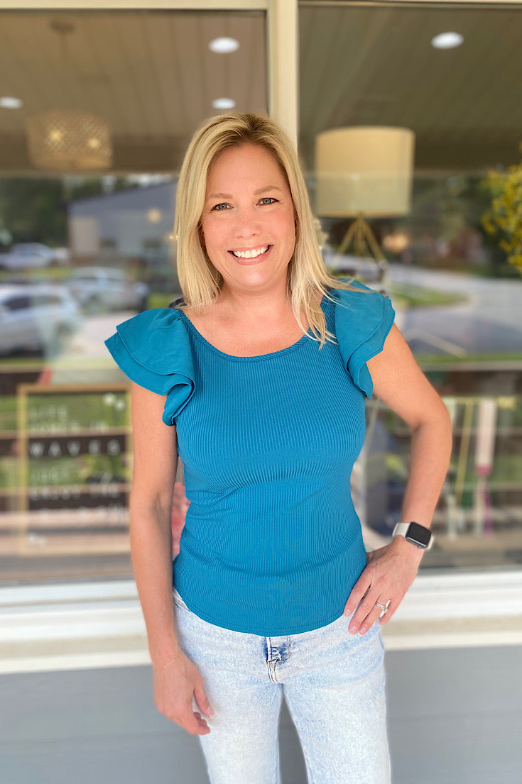 Casey Teal Ribbed Ruffle Sleeve Tank