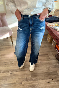 Zane Raw Hem Dark Wash Straight Leg Crop Denim