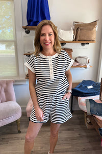 Miles Navy Stripe Short Sleeve Henley Top