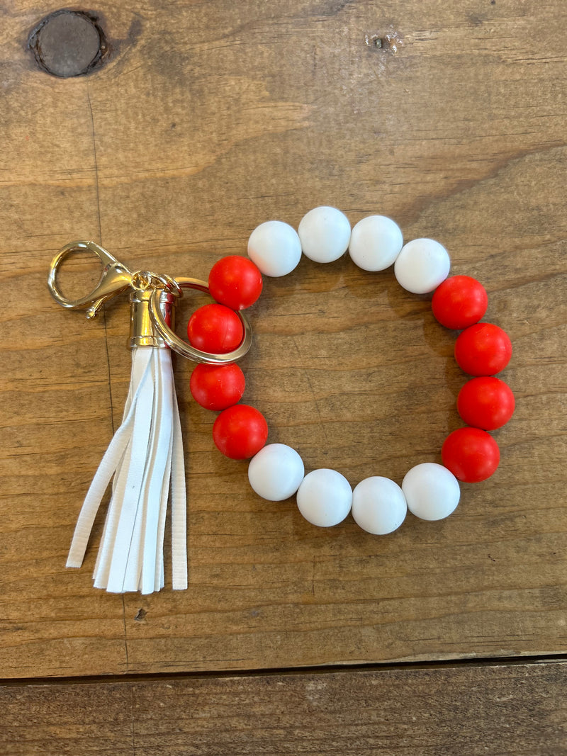 Red and White Tassel Beaded Keychain