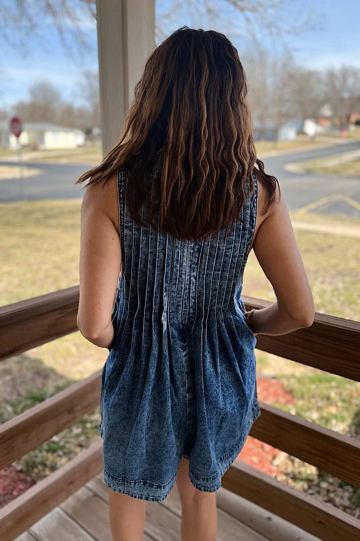 Tatum Washed Denim Romper with Front Tie