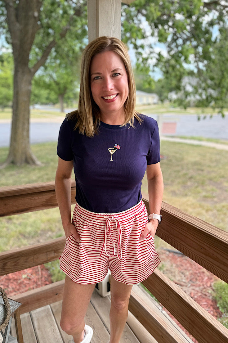 Navy Ribbed Embroidered Patriotic Tee