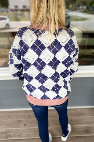 Reese Mauve and Navy Diamond Knit Sweater