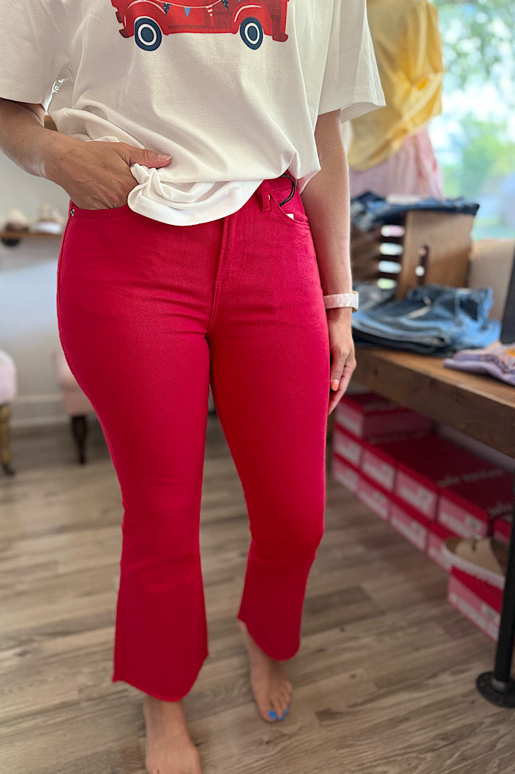 Jordy True Red Ankle Flare Denim