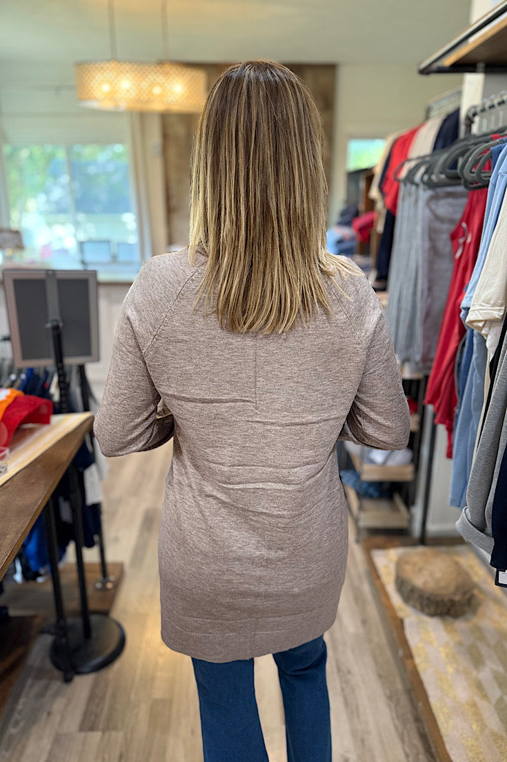 Mary Raglan Taupe Long Sleeve Open Front Cardigan