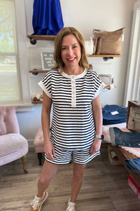Miles Navy Stripe Short Sleeve Henley Top
