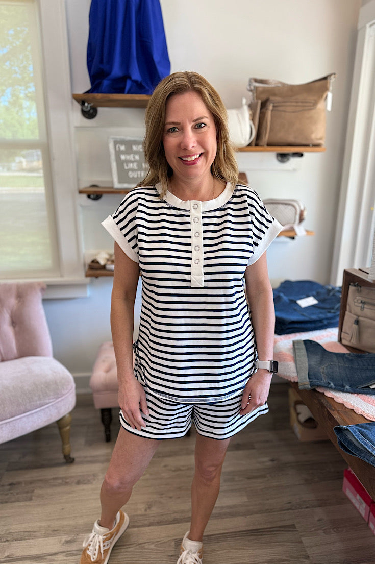Miles Navy Stripe Short Sleeve Henley Top