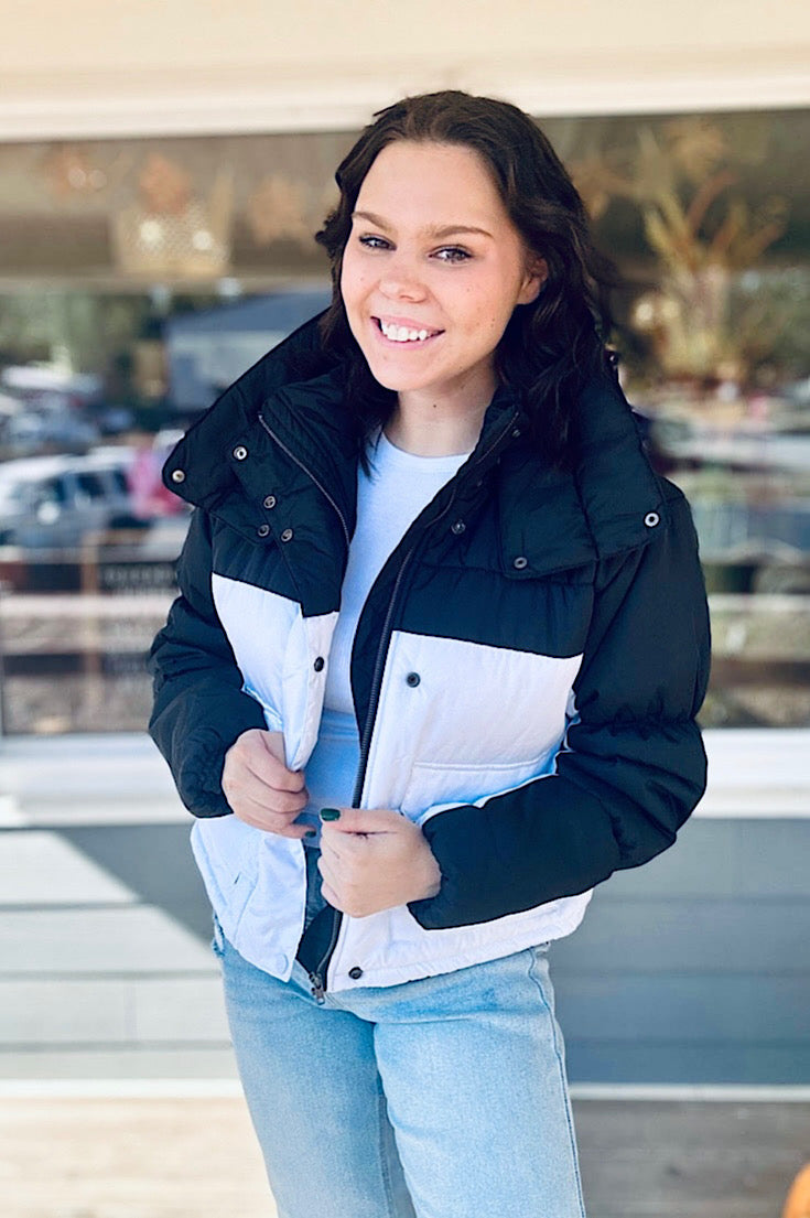 Carissa Black And White Color Block Puffer Jacket