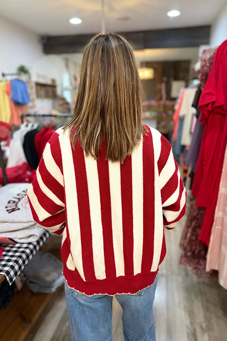Skyler Textured Red & Ivory Stripe Cardigan