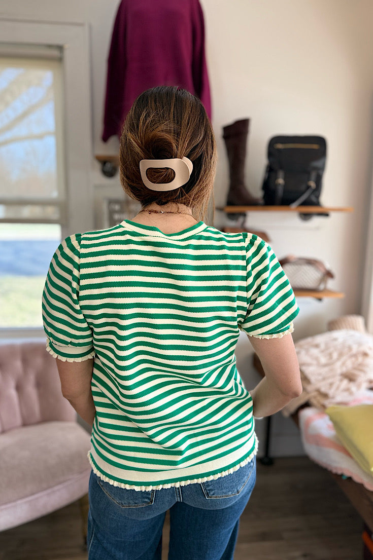 Ensley Green & Ivory Stripe Puff Sleeve Top