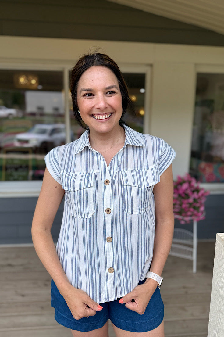 Nova Blue Stripe Button Down Top