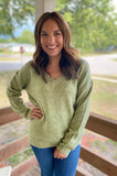 Lainey Cozy Heather Olive V-neck Sweater